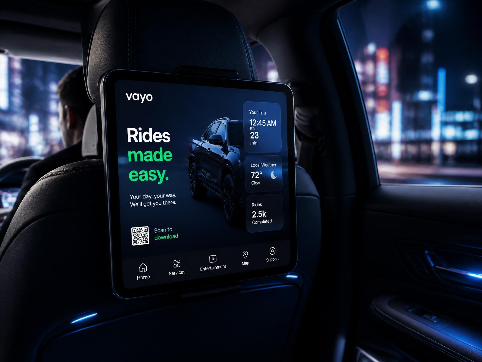 Tablet Ride Ads instalado no encosto do banco traseiro exibindo campanha, clima e viagem em tempo real
